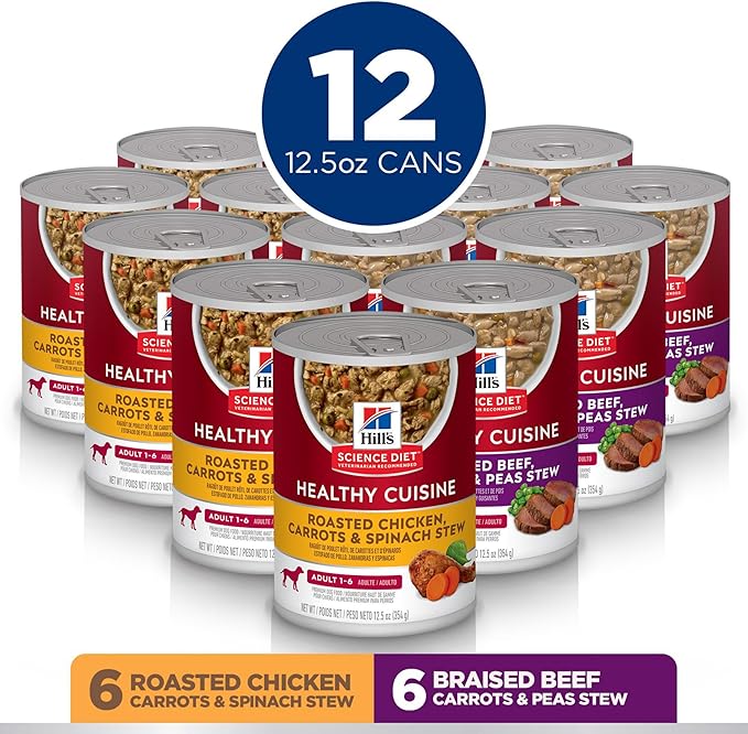 Hill's Science Diet Healthy Cuisine, Adult 1-6, Great Taste, Wet Dog Food, Variety Pack: Roasted Chicken, Carrots & Spinach; Braised Beef , Carrots & Peas Stew, 12.5 oz Can Variety Pack, Case of 12