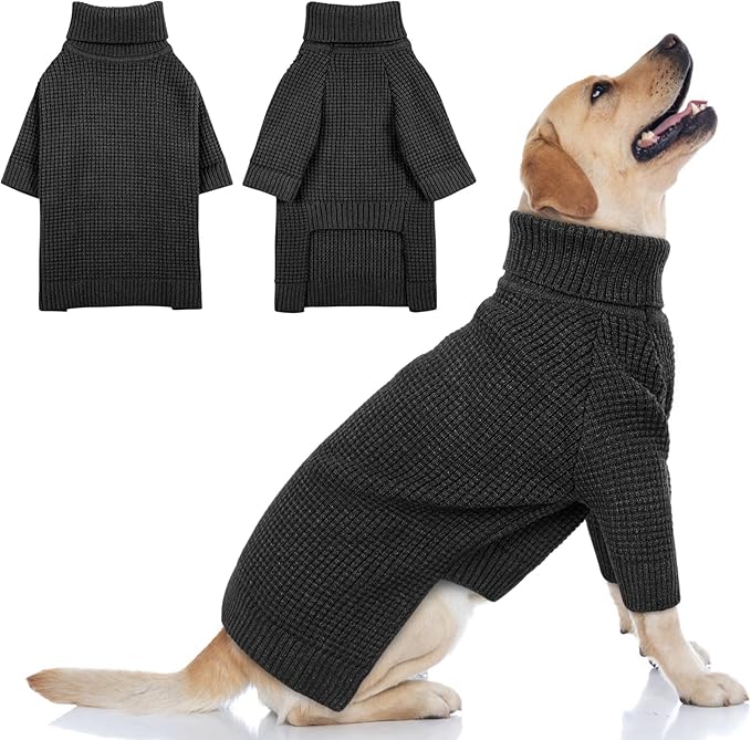 Queenmore Turtleneck Long Sleeve Knitted Dog Sweater With Check Pattern, Fall Winter Warm for Small Medium Large Dogs, Solid Pull-on Pet Sweater for Cats, Charcoal Gray 3XL