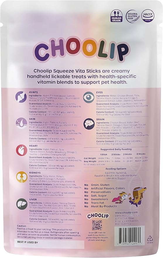 Choolip Squeeze Vita Stick Lickable Cat and Dog Treats – 7-Count Variety Pack with Multivitamins, Soft Squeezable Paste for All Life Stages, Supporting Overall Health