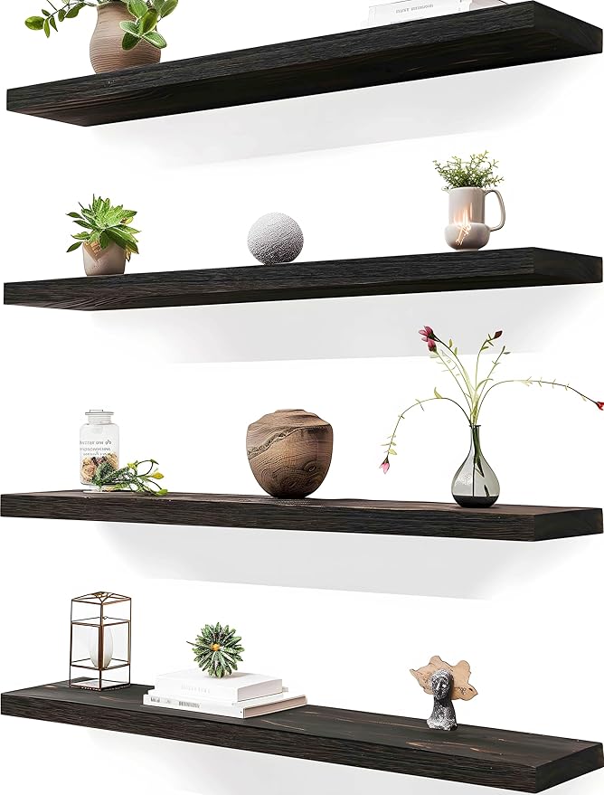 24 Inch Brown Wood Floating Shelves for Wall Rustic Wall Shelf for Bedroom Living Room Set of 4