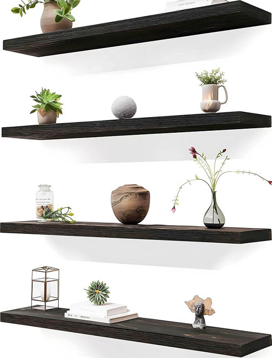 24 Inch Brown Wood Floating Shelves for Wall Rustic Wall Shelf for Bedroom Living Room Set of 4