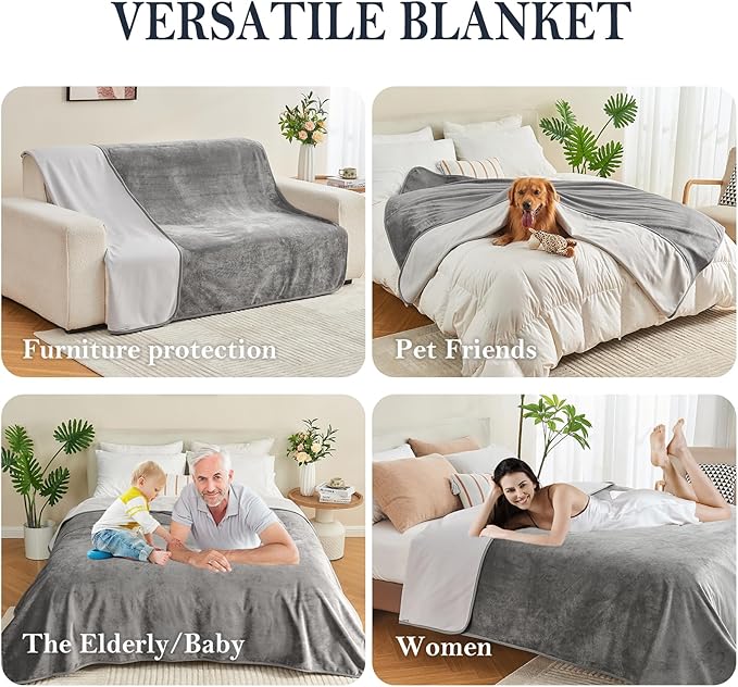 Waterproof Blanket 60"x80" for Adults, Reversible Waterproof Bed Cover for Dogs Cats Pets, Soft Leakproof Blanket for Bed Couch Sofa Furniture Protector, Grey/Light Grey