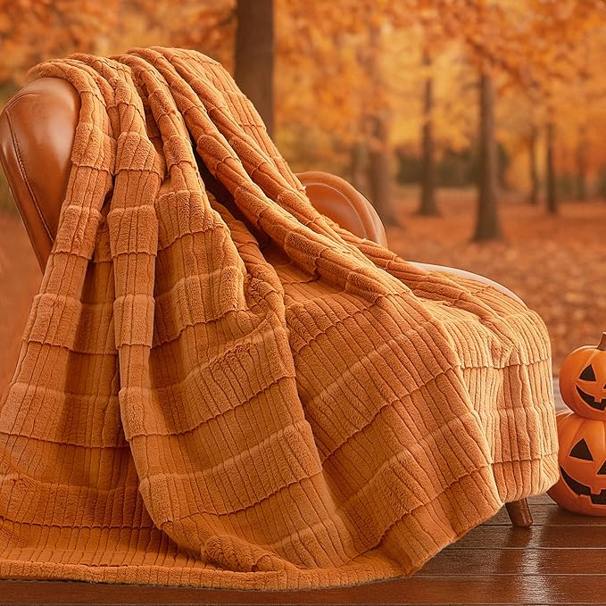 Amélie Home Luxury Striped Faux Fur Throw Blanket for Bed Queen Size, Soft Cozy Fuzzy Fluffy Plush Gift Blankets for Women, 88"x90", Brown