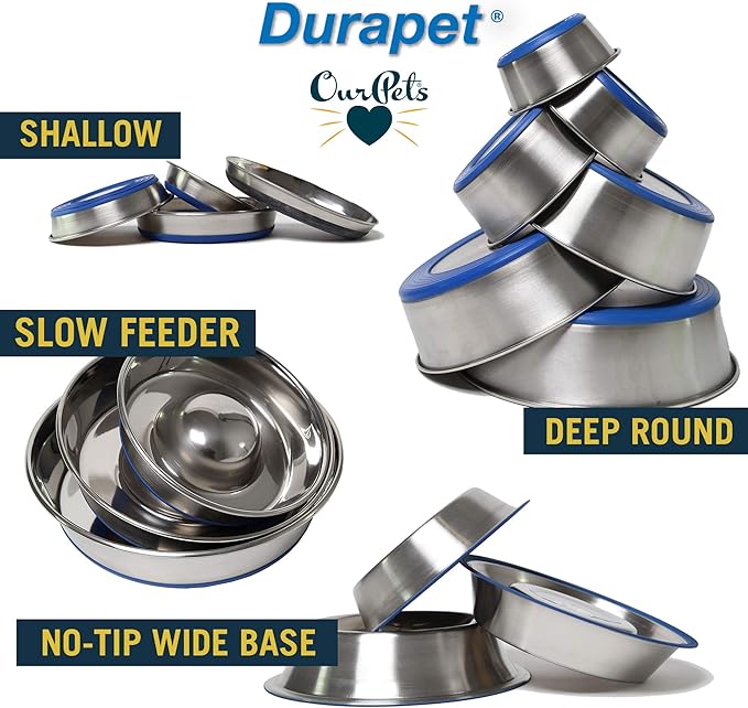 Our Pets DuraPet Stainless Steel Non-Slip (Cat Food Bowl or Water Bowl) (Holds up to 1 Cup of Wet or Dry Food) Easy to Clean
