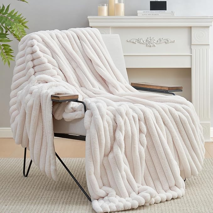 Amélie Home Faux Fur Throw Blanket for Couch, Cozy Fuzzy Fluffy Fur Luxurious Soft Striped Plush Gift Blankets for Family Sofa Chair Bedroom, 55"x70", Ivory