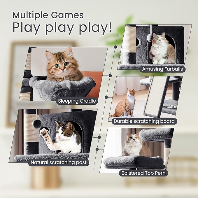 SHA CERLIN 68 Inches Multi-Level Large Cat Tree for Large Kitties/Big Cat Tower with Condo/Cozy Plush Pussycat Perches/Sisal Scratching Posts and Hammocks/Activity Center/Dark Grey