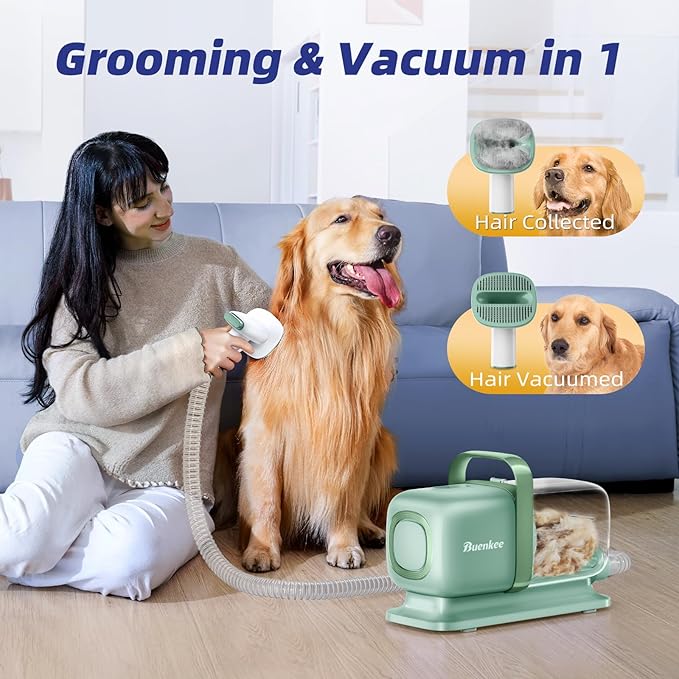 Dog Grooming Kit with Vacuum, All-in-One Pet Grooming Vacuum for Dogs and Cats, Low Noise Pet Hair Clipper & Shedding Brush, Dog Hair Remover, Cat Pet Groomer Set with Cleaning Brushes, Green