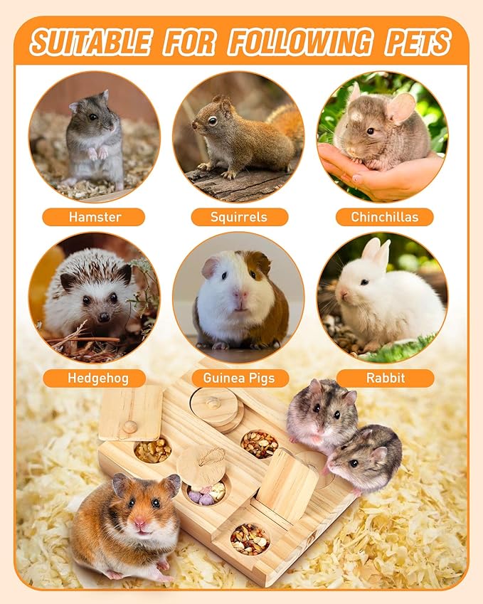 Guinea Pig Foraging Toys, 6 in 1 Hamsters Wooden Interactive Enrichment Toys, Treat Dispenser for Small Animal, for Rabbits, Bunny, Chinchillas, Rats and Gerbils