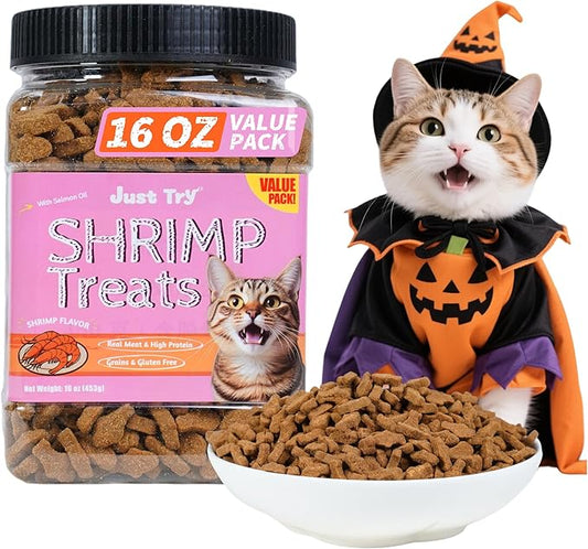 Just Try 16 OZ Shrimp Cat Treats - Grain Free, Crunchy Cat Snacks with Real Shrimp & Krill Oil for Cats, Omega-3 for Skin & Coat, Training Treats