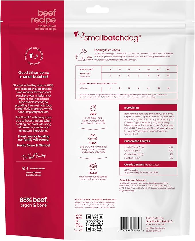 smallbatch Pets Freeze Dried Raw Dog Food, Beef Recipe, 25 oz, Organic High Protein Dog Food, Grain Free, Made in The USA, Humanely Raised Meat, Single Protein, for Picky Eaters, Hydrate & Serve