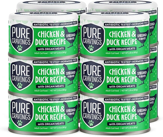 Pure Cravings Chicken and Duck Recipe in Broth, Shredded Wet Cat Food, Grain-Free Protein, Non-GMO, 12 Pack