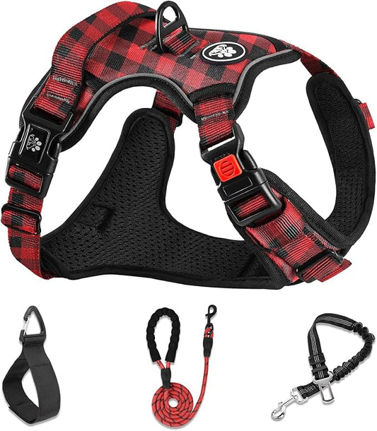 NESTROAD No Pull Dog Harness with Leash, Reflective No Choke Pet Vest Harness,Adjustable Soft Padded Dog Harness with Easy Control Handle for Medium Dogs(Checkered Red,Medium)