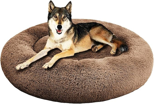 SAVFOX Plush Calming Donut Dog Beds for Small Dogs, Medium, Large & X-Large Breeds, Comfy Cuddler Dog Bed and Cat Bed in Faux Fur, Washable, Multiple Sizes S-XXL