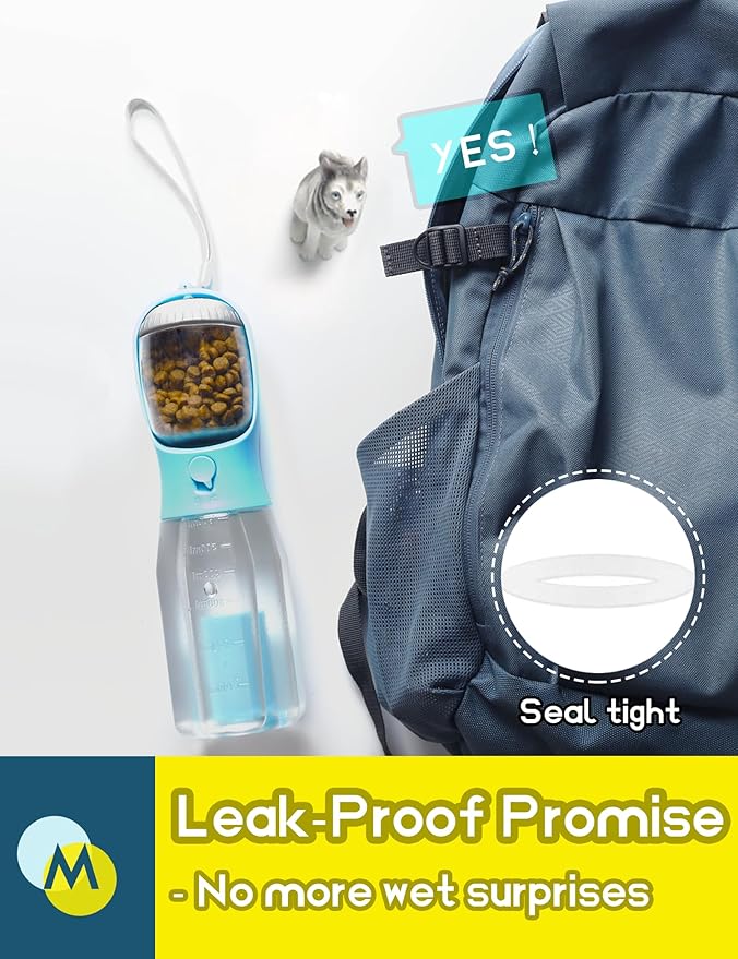 Portable Water Bottle for Dogs, 3 in 1 Pet Travel Bowl Dispenser with Food Treat Container & Poop Bag Holder, Summer Outdoor Walking Hiking Accessories for Large Dog On The Go - Blue, 20oz