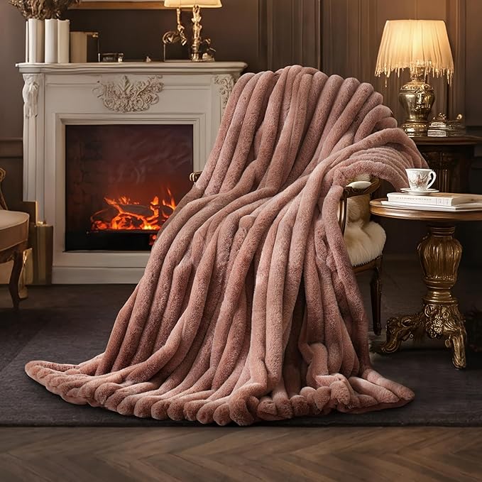 Amélie Home Faux Fur Throw Blanket for Couch, Ultra Cozy Fuzzy Fluffy Fur Luxurious Soft Striped Plush Gift Blankets for Family Sofa Chair Bedroom, 55"x70", Cationic Fox Brown