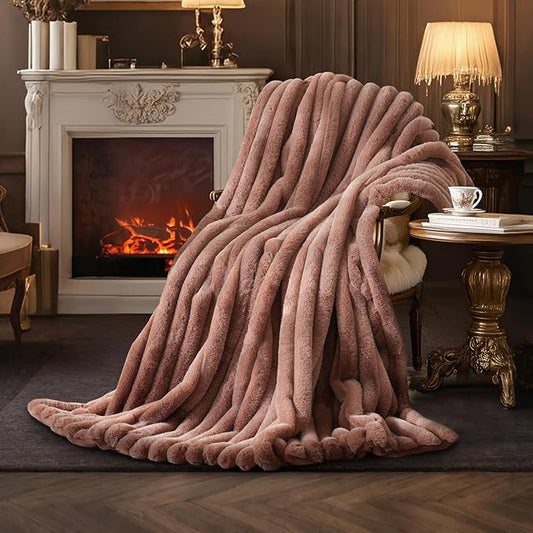 Amélie Home Faux Fur Throw Blanket for Couch, Ultra Cozy Fuzzy Fluffy Fur Luxurious Soft Striped Plush Gift Blankets for Family Sofa Chair Bedroom, 55"x70", Cationic Fox Brown