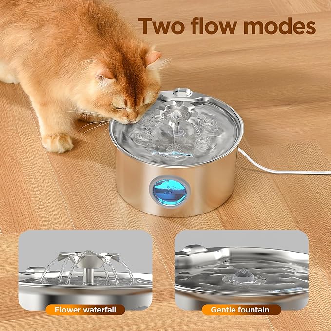 Cat Water Fountain Stainless Steel - 88oz/2.6L Pet Drinking Fountain for Cats Indoor with 8 Filters - Automatic Cat Watering Dispenser Bowl with Water Level Window - Quiet for Cats & Dogs Owners