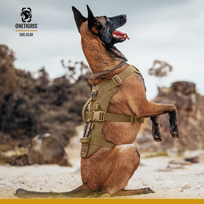 OneTigris Escape Proof Dog Harness, No Pull Dog Harness with Handles, Tactical Multi-Use Support Dogs Harnes for Large Dogs Everyday Wear Walking Hiking Training (Brown, Large)