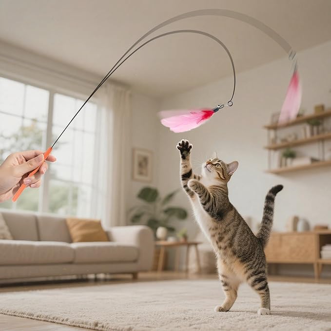 Cat Feather Wands with Replacement Feathers, Interactive Wand Toys, Feathers & Bell, Teaser Wand for Kittens and Adult Cats, Indoor Play to Exercise