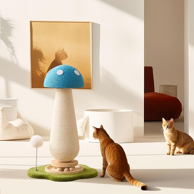 21.5โโ H Cat Scratching Post with Catnip,Cute Mushroom Cat Scratcher Post with Durable Natural Solid Wood Turntable Toy, Sky Blue Mushroom Shape Design Cat Toy Cat Sisal Scratcher for Indoor Cats