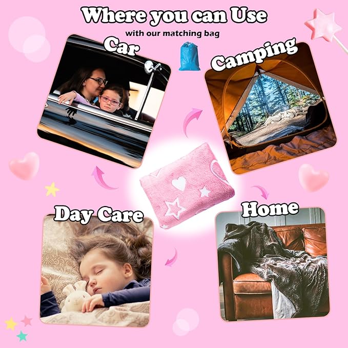 Halloween Glow in The Dark Pink Cute Love Throw Blanket with Storage Bag, Soft Throw Blanket, Girls Blanket, Gifts for Children Ages 1-10, Kids Blanket, Day Care Home Office Travel Use Christmas, Pink