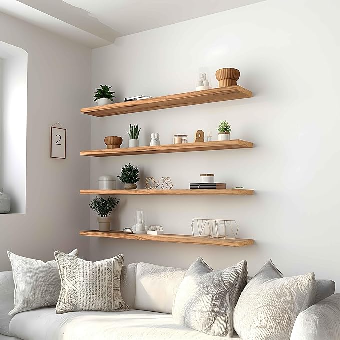 48 Inch Light Wood Floating Shelves for Wall Rustic Wall Shelf for Bedroom Living Room Set of 4