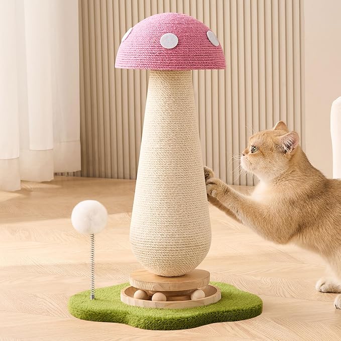 Mushroom Cat Scratching Post Cat Tree, 21.5โโ H Cute Cat Scratcher Tower with Durable Solid Wood Turntable Toy, Baby Pink Mushroom Scratch Post Cat Sisal Scratcher with Catnip for Indoor Adult Cats