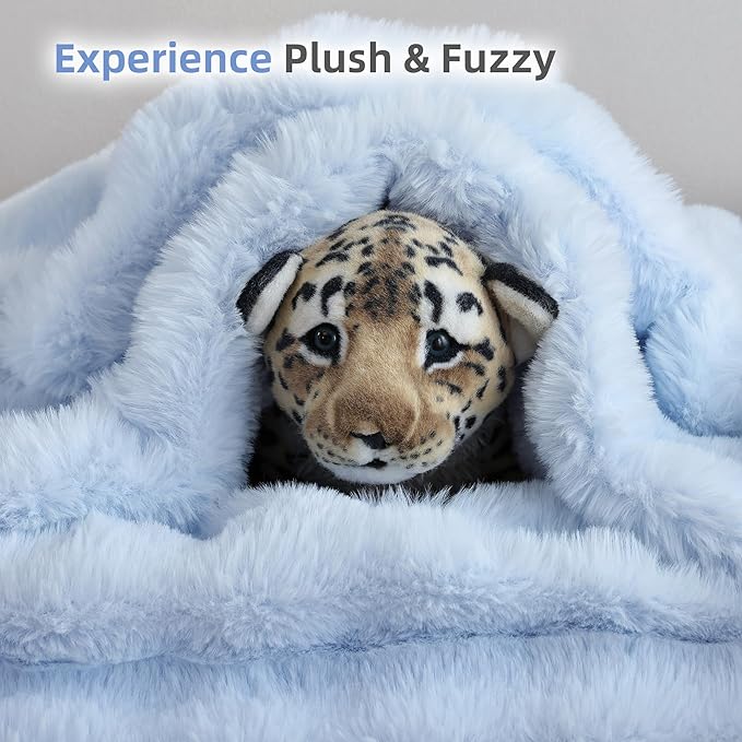 Smoofy Faux Fur Throw Blanket for Couch Rabbit Fleece - Light Blue Fluffy Blanket for Sofa Bedroom Living Room, Cozy Soft Plush Luxury Thick Winter Fuzzy Comfy Bubble Blanket - 50" x 60"