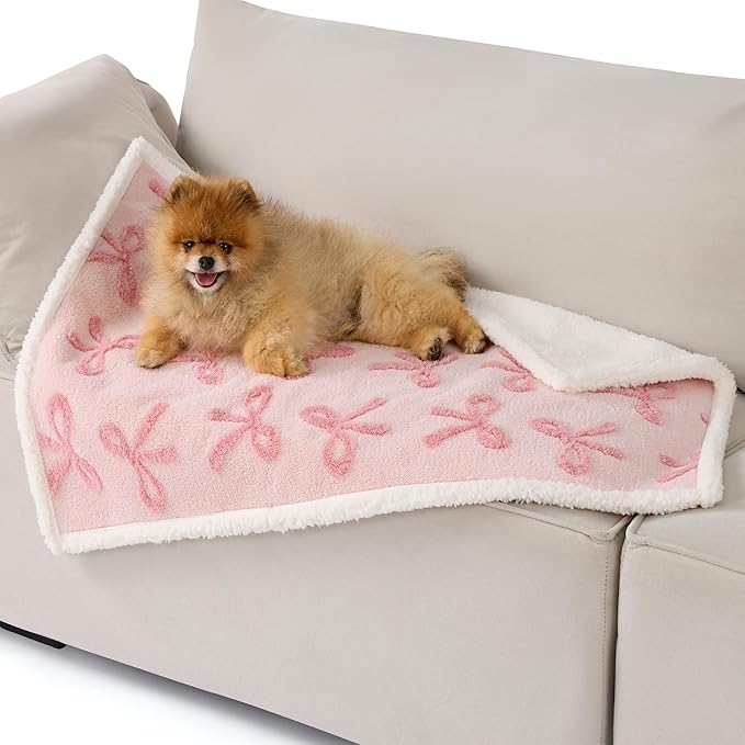 Lesure Waterproof Puppy Blanket for Small Dogs - Washable Double Sided Dog Blankets with Warm Jacquard Shag and Soft Sherpa Fleece, Pet Cat Blanket for Couch Protection, Bow Design,Pink Taffy