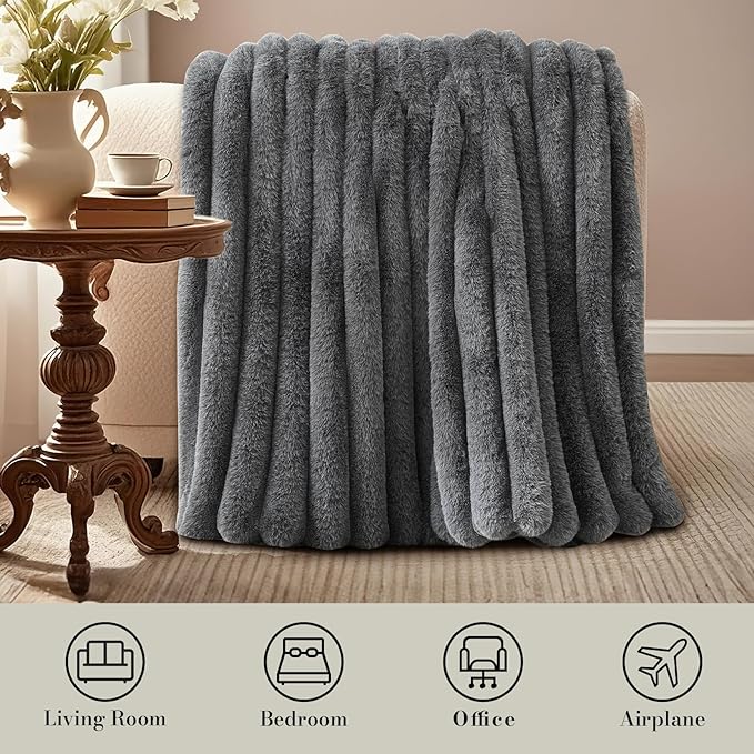 Amélie Home Faux Fur Throw Blanket for Couch, Ultra Cozy Fuzzy Fluffy Fur Luxurious Soft Striped Plush Gift Blankets for Family Sofa Chair Bedroom, 60"x80", Cationic Wolf Gray