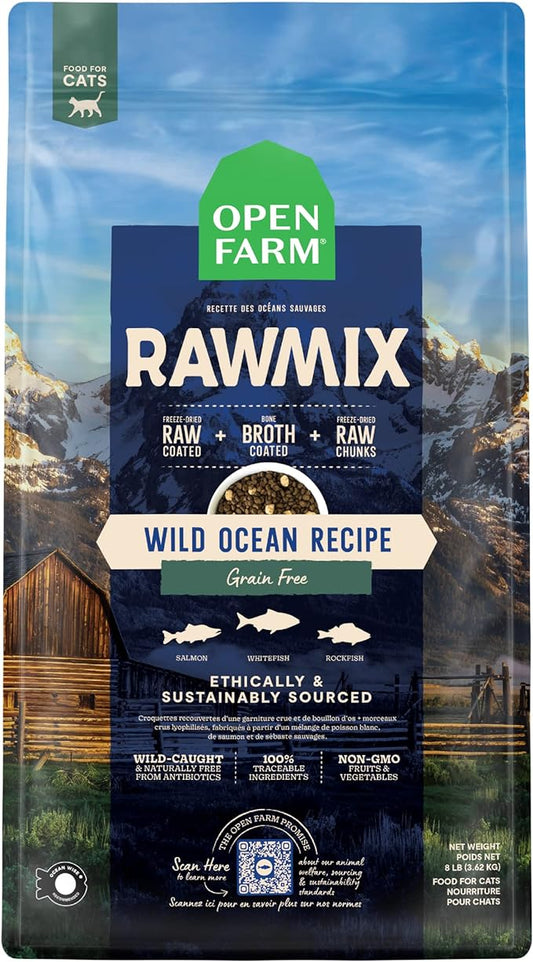 Open Farm, RawMix Dry Cat Food, Protein-Packed Kibble Coated in Bone Broth with Freeze Dried Raw Chunks, for Indoor & Outdoor Cats, Wild-Caught Whitefish, Salmon & Rockfish Recipe, 2.25lb Bag