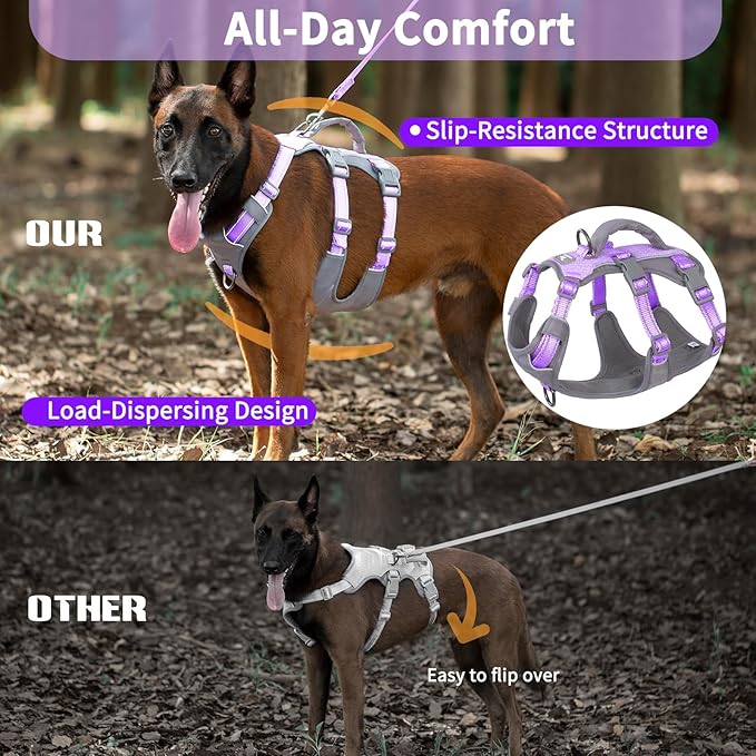 Huntboo Reflective Dog Harness with Handle, Escape Proof, No Slip, Breathable, Lightweight, Adjustable Lift Harness for Small,Medium,and Large Dogs Walking,Training,and Running Gear(Lavender Purple,M)