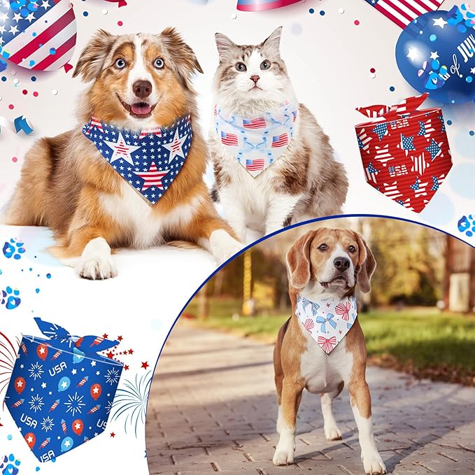 Sanwuta 48 Pcs 4th of July Dog Bandanas for Pets Dog Bandanas Gifts Independence Day Scarf Washable Triangle American Flag Patriotic Puppy Bibs Adjustable Kerchief for Pet Accessories Washable Scarves