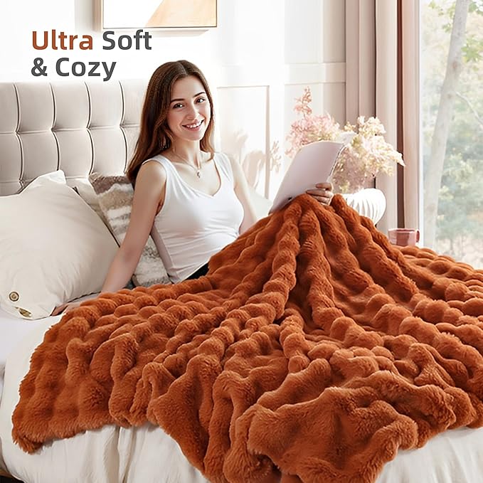 Smoofy Faux Fur Fall Throw Blanket for Couch – Burnt Orange Fluffy Cozy Rabbit Fleece, Plush Soft Bubble Blanket for Sofa & Bed, for Mom, Warm Fuzzy Home Room Decor Throw 60" x 80"