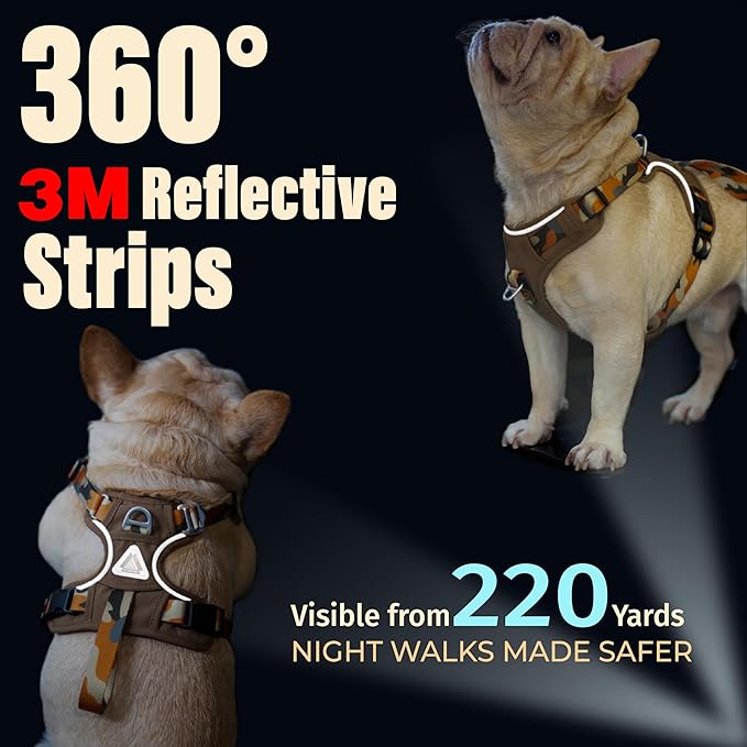 No Pull Dog Harness with Front & Back D-Rings,Water-Repellent 600D Oxford Fabric for Hiking,Training,Walking,Reflective Adjustable Vest,Lightweight Hardware Fit for Small Sized Dogs,Camo Orange XS