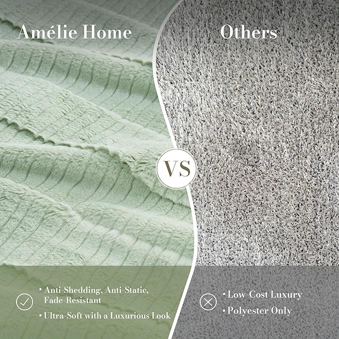 Amélie Home Luxury Striped Faux Fur Throw Blanket for Couch, Soft Cozy Fuzzy Fluffy Soft Plush Blankets Sofa Chair Gift Blankets for Women, 60"x80", Sage Green
