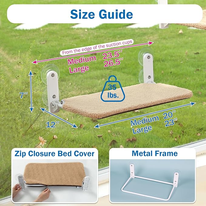 Zakkart Foldable Cat Window Perch - Cordless, Zip Closure, Machine Washable Sherpa Bed Cover, Robust Metal Frame - Cat Hammock for Window for Large Cats and Kittens (Brown, Large)