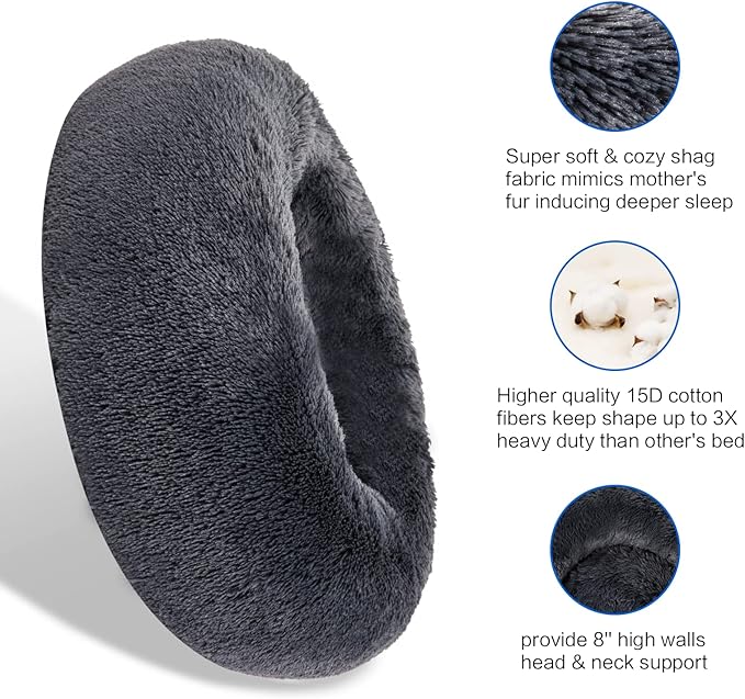 SAVFOX Plush Calming Dog & Cat Beds - Donut Shaped, Comfy Cuddler in Faux Fur, Washable, Multiple Sizes XS-XXL