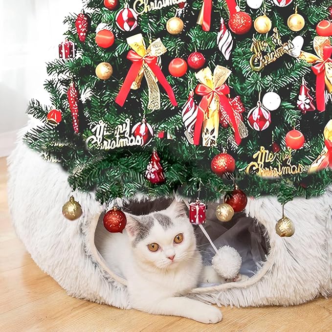 LUCKITTY Warm Fluffy Plush Cat Dog Tunnel Bed Under Christmas Tree Big Tube Playground Toys 3 FT Diameter Longer Crinkle Collapsible 3 Way, for Indoor Cat Kitty Kitten Puppy Rabbit Ferret White