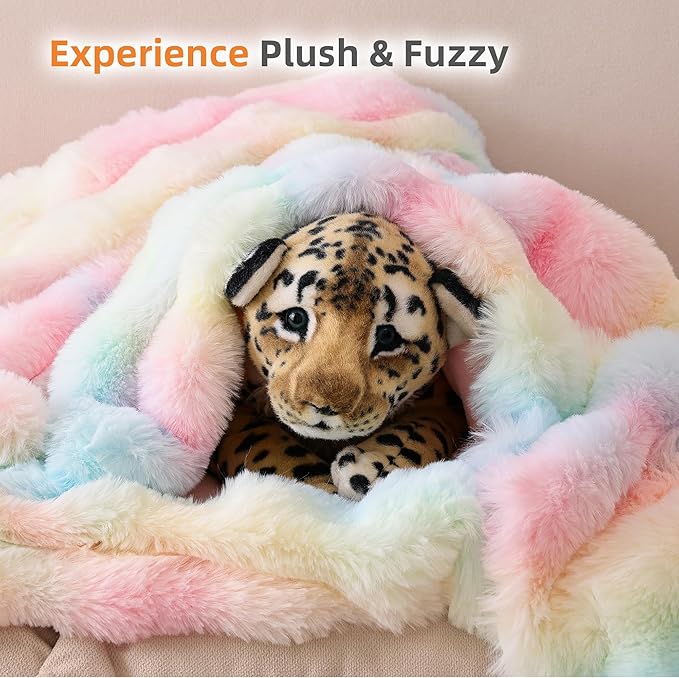 Smoofy Faux Fur Throw Blanket for Couch Rabbit Fleece - Rainbow Fluffy Blanket for Sofa Bedroom Living Room, Cozy Soft Plush Luxury Thick Winter Fuzzy Comfy Bubble Blanket - 50" x 60"