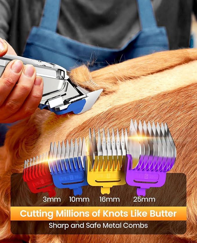 oneisall Dog Clippers for Grooming Thick Hair Professional,Cordless/Rechargeable Pet Grooming Kit with Detachable Metal Combs, Low Noise Heavy-Duty Pet Clippers for Thick/Curly/Fine/Wavy Hair (Sliver)