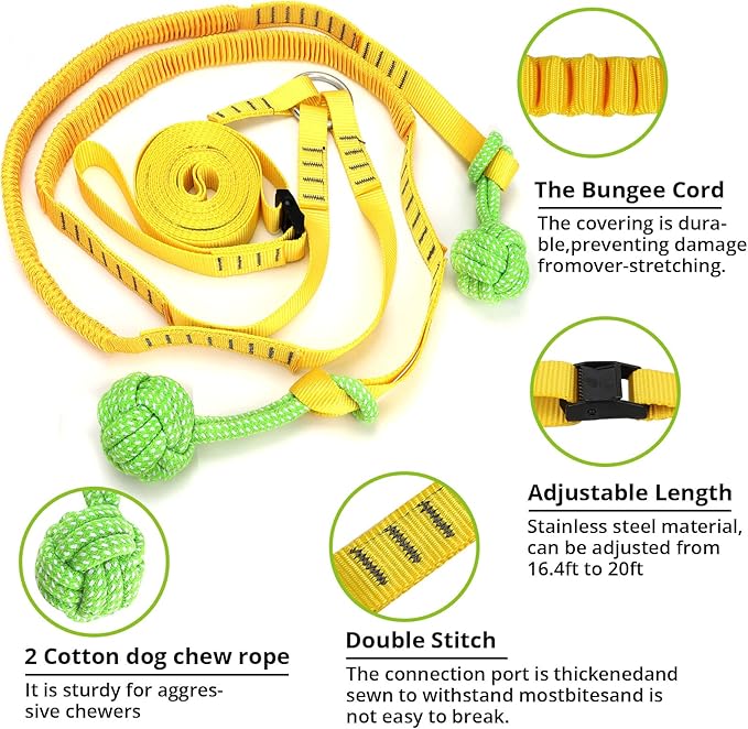 Dog Hanging Bungee Tug Toy for Two Dogs: Interactive Tether Tug-of-War for Pitbull Small to Large Dogs to Exercise - Durable Retractable Tugger Dog Rope Toy with 2 Chew Rope Toys
