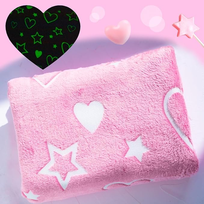 Halloween Glow in The Dark Pink Cute Love Throw Blanket with Storage Bag, Soft Throw Blanket, Girls Blanket, Gifts for Children Ages 1-10, Kids Blanket, Day Care Home Office Travel Use Christmas, Pink
