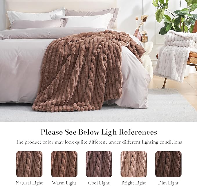 Amélie Home Faux Fur Throw Blanket for Couch, Cozy Fuzzy Fluffy Fur Luxurious Soft Striped Plush Gift Blankets for Family Sofa Chair Bedroom, 55"x70", Light Coffee