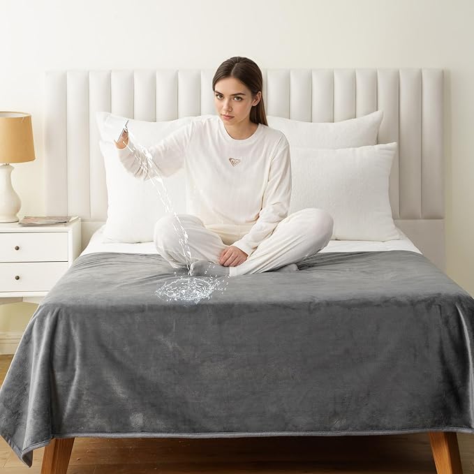 Water Proof Blanket 50x60 Inches - Reversible Flannel Blanket for Bed, Sofa,Couch- Spillproof, Leakproof Soft Double-Sided Dark Grey Throw Blanket for Adults, Pets, Couples