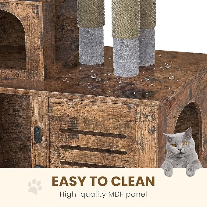 Cat Litter Box Enclosure with Cat Tree Tower 2-in-1 Hidden Pet Washroom Furniture with Scratching Post and Soft Plush Perch Platform Wooden Cat House Divided Condo for Indoor Large Cats Rustic Brown