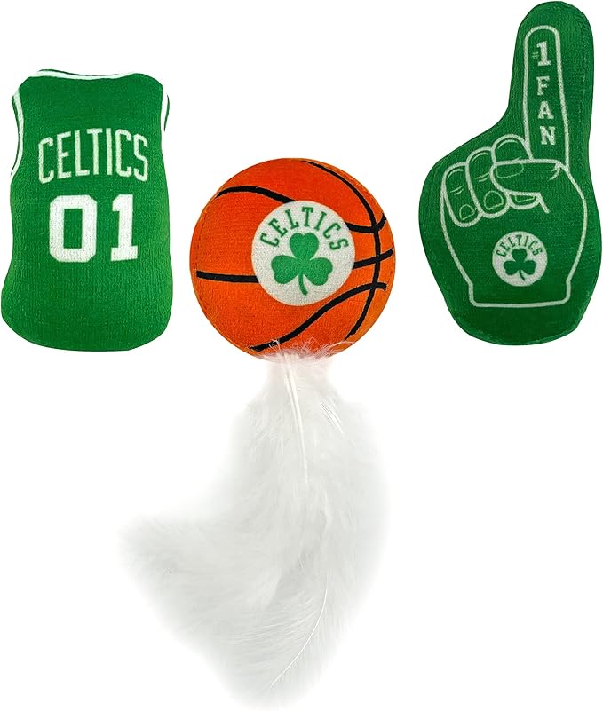 BEST PLUSH CAT TOY: NBA BOSTON CELTICS Complete Set of 3 piece Cat Toys filled with Fresh Catnip. Includes: 1 Jersey Cat Toy, 1 Basketball Cat Toy with Feathers & 1 #1 Fan Cat Toy. Beautiful Team LOGO