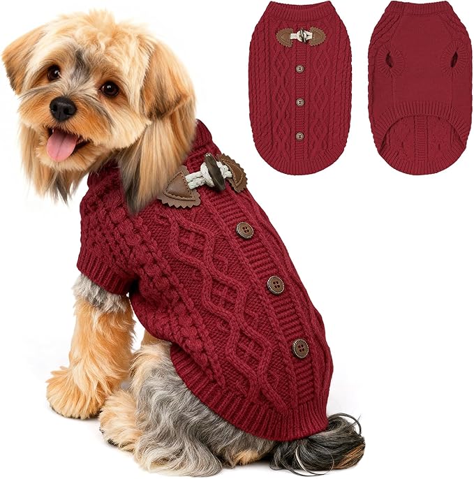 WOYYHO Cozy Pullover Dog Sweaters for Small Dogs, Cable Knit with Cow Horn Buttons, Warm Round Neck Winter Clothes for Puppy Chihuahua Yorkie, Red M