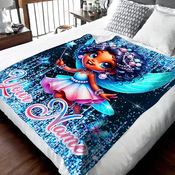 Girls Blanket Personalized Fairy Throw Gift for Toddler Kids Birthday - 30x40 Inches Lightweight Soft Black Custom Throw Blankets for Sofa Couch Bedroom Travel