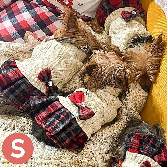 KYEESE Dog Sweater Knitwear Dog Sweaters for Small Dogs Girl Thick Dogs Clothes with Bowtie Stretchy Cat Sweaters Warm Pullover Pet Coats Soft Turtleneck Pet Sweater Dress for Cold Weather Winter